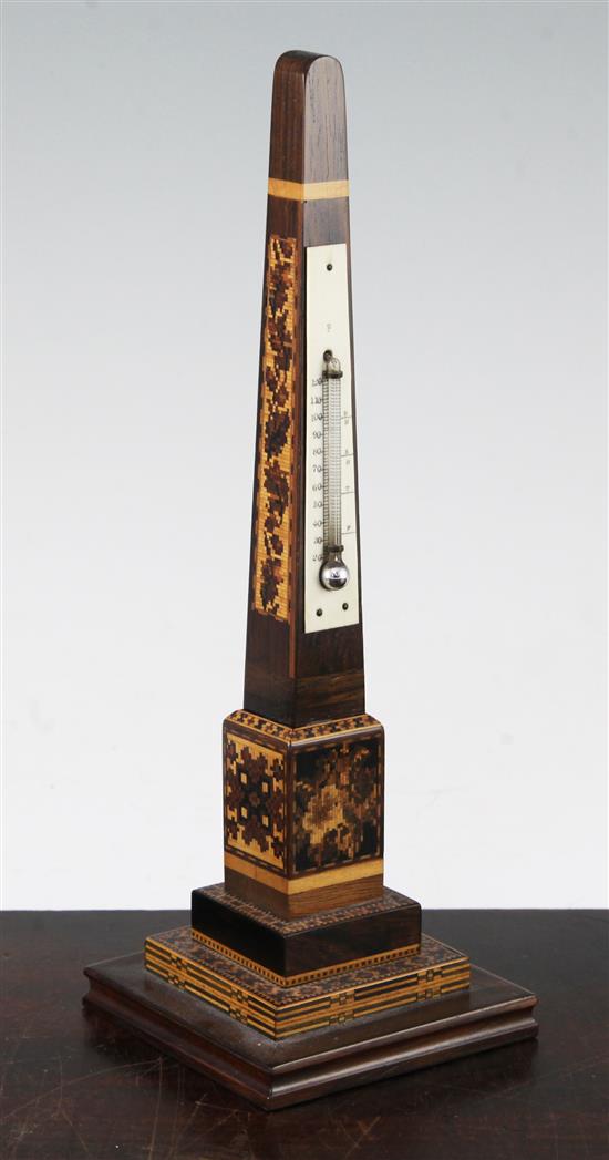 A Tunbridge ware Cleopatras Needle rosewood mosaic thermometer, 10in.